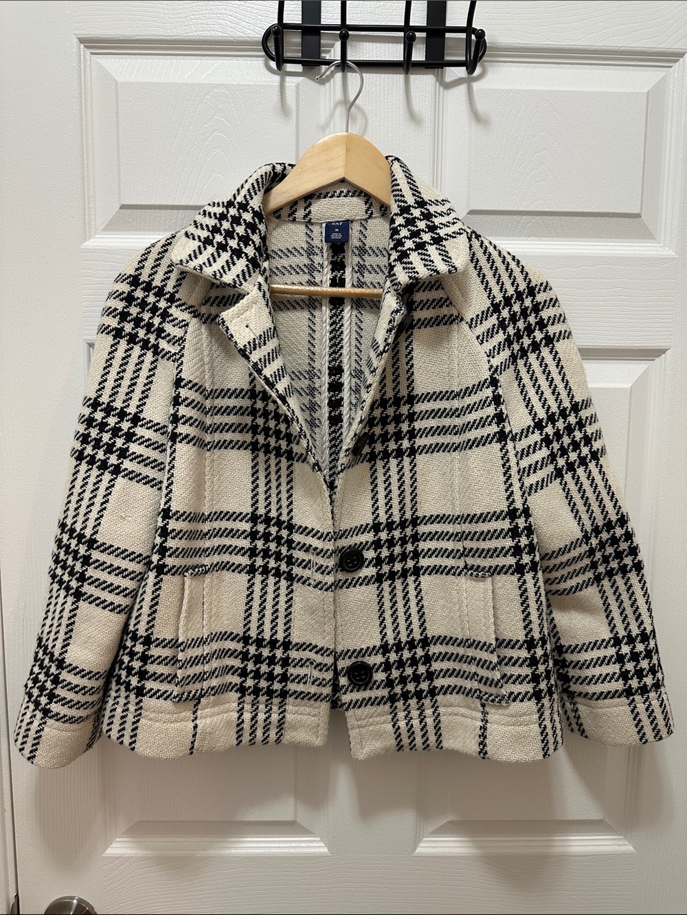 GAP Black & Cream Plaid Pea Coat